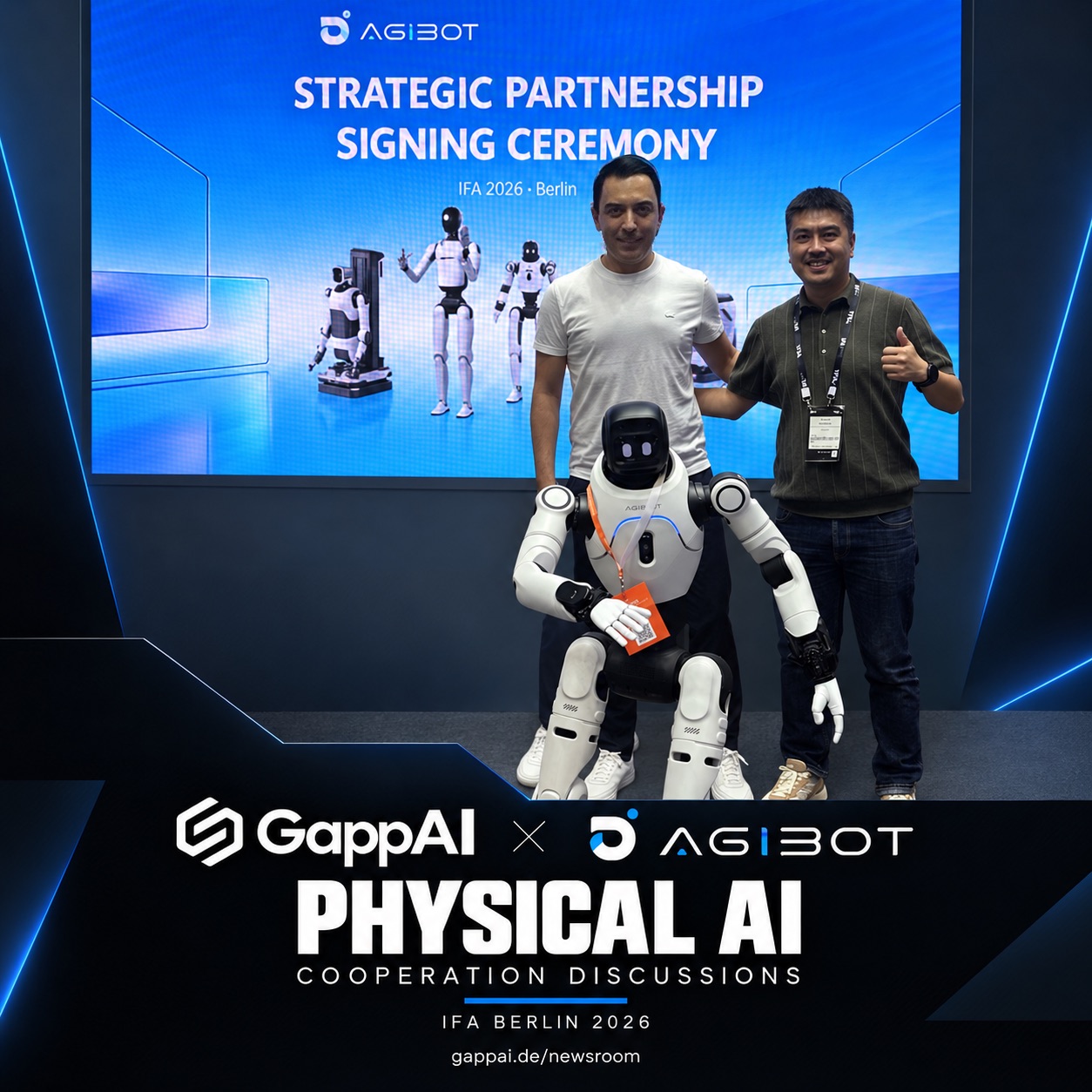 GappAI × AGIBOT — Physical AI, cooperation discussions. Approved artwork with both logos and the IFA Berlin 2026 meeting photograph.